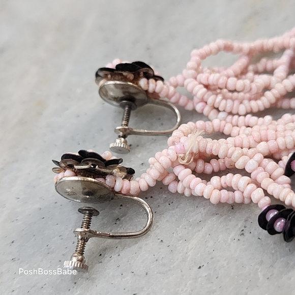 Vintage Pink Beaded Flower Dangle Earrings – 2" Screw Back - Picture 6 of 7
